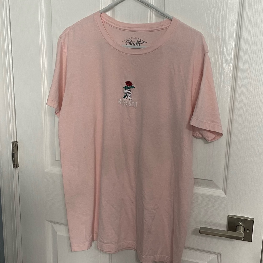 Pink Tee Shirt Embroidered Blessed Skeleton Hand with Rose